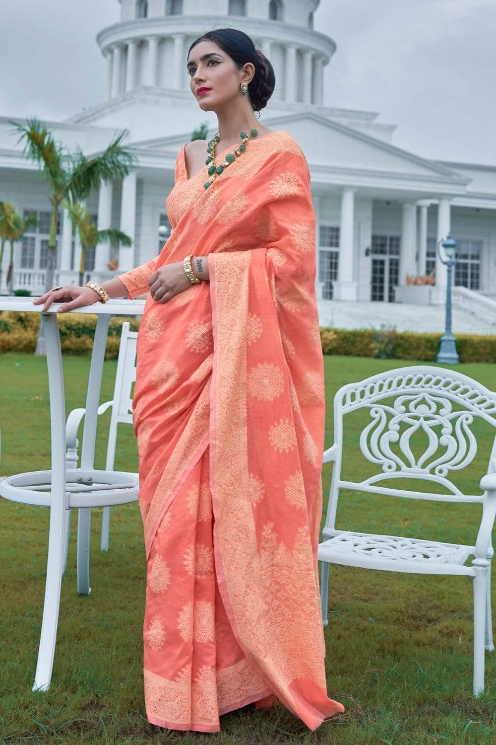 Coral Pink Cotton Saree | Leemboodi