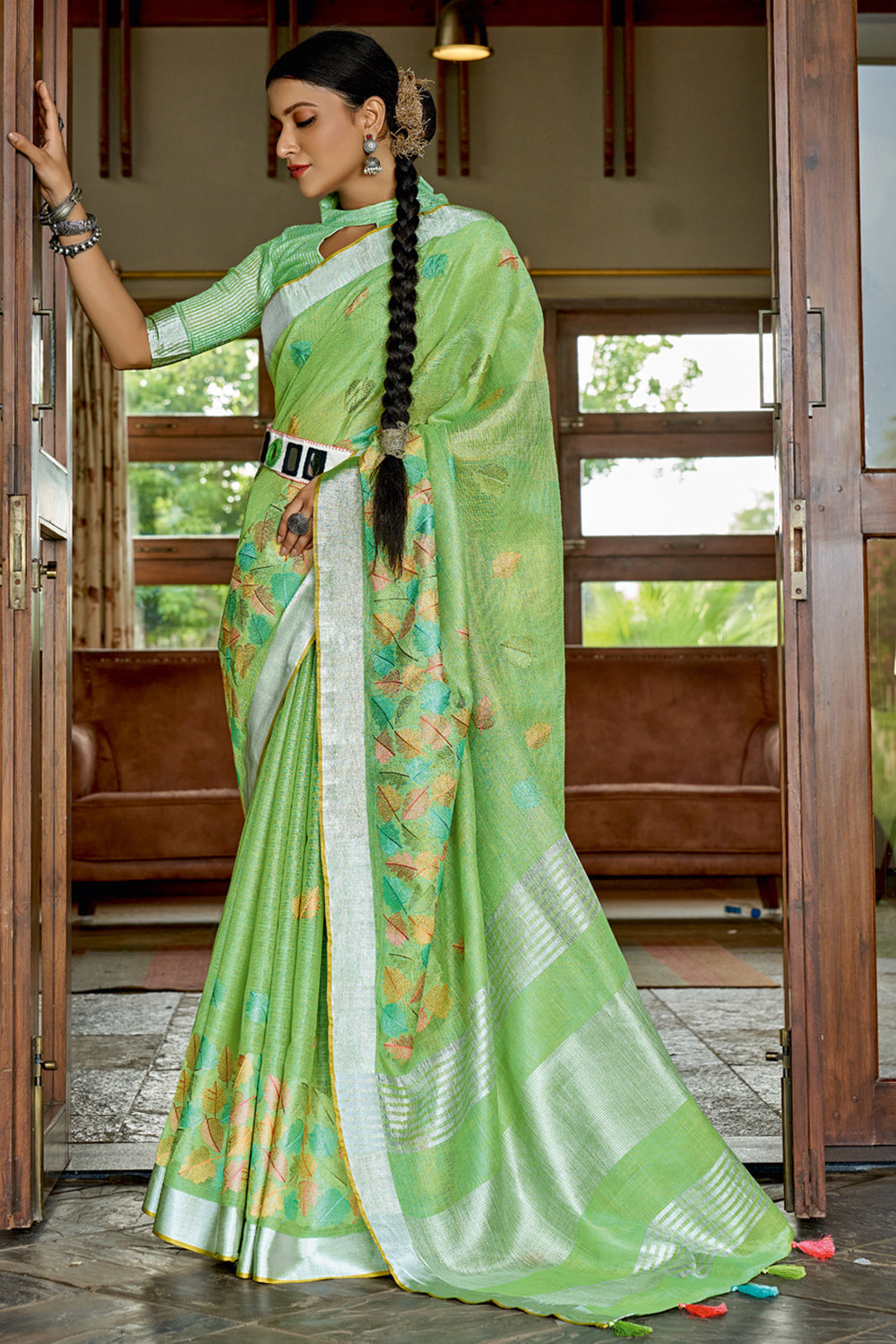 Buy Yellow Cotton Saree with Green Border