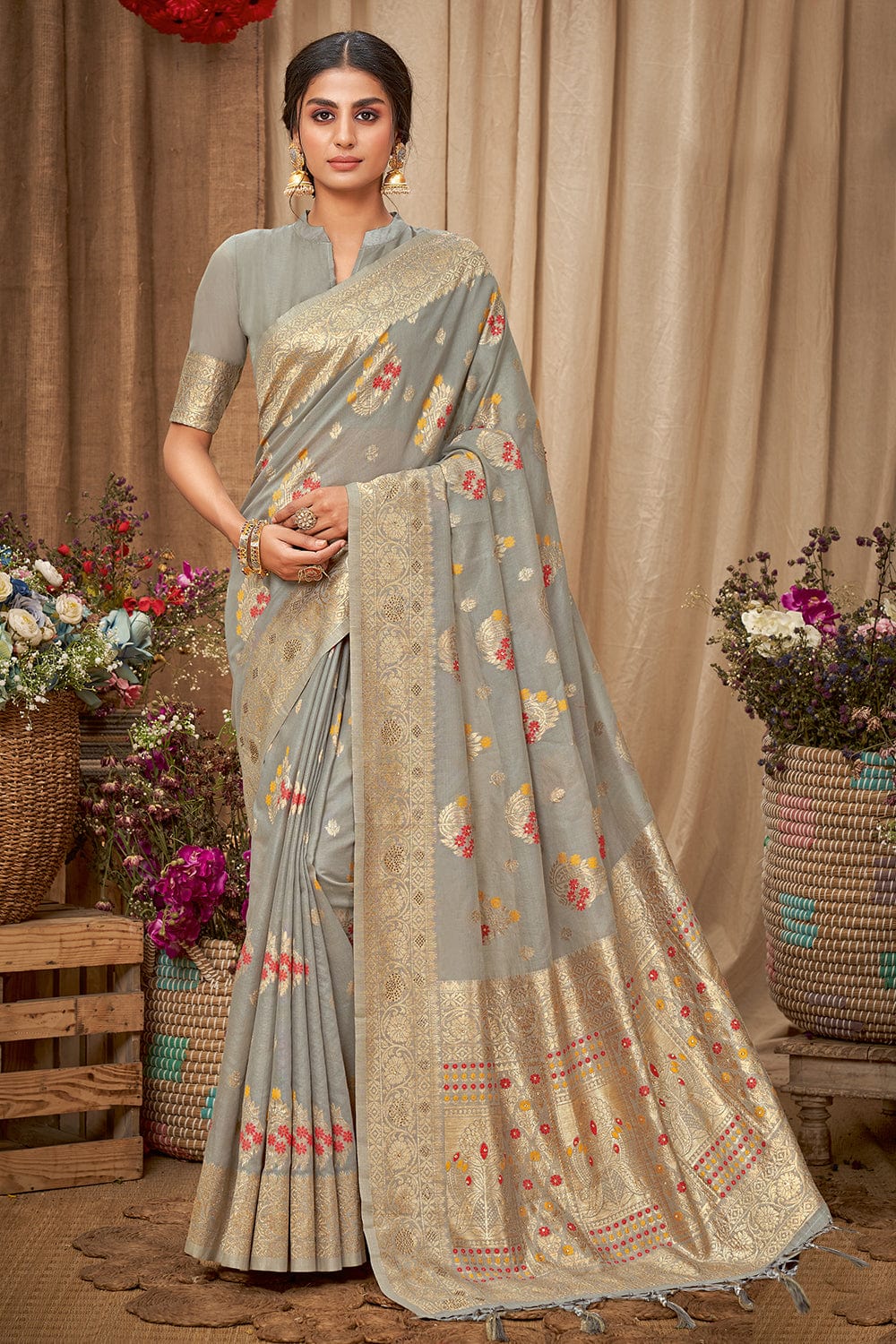 Buy Fossil Grey Cotton Saree online-Karagiri – Karagiri Global