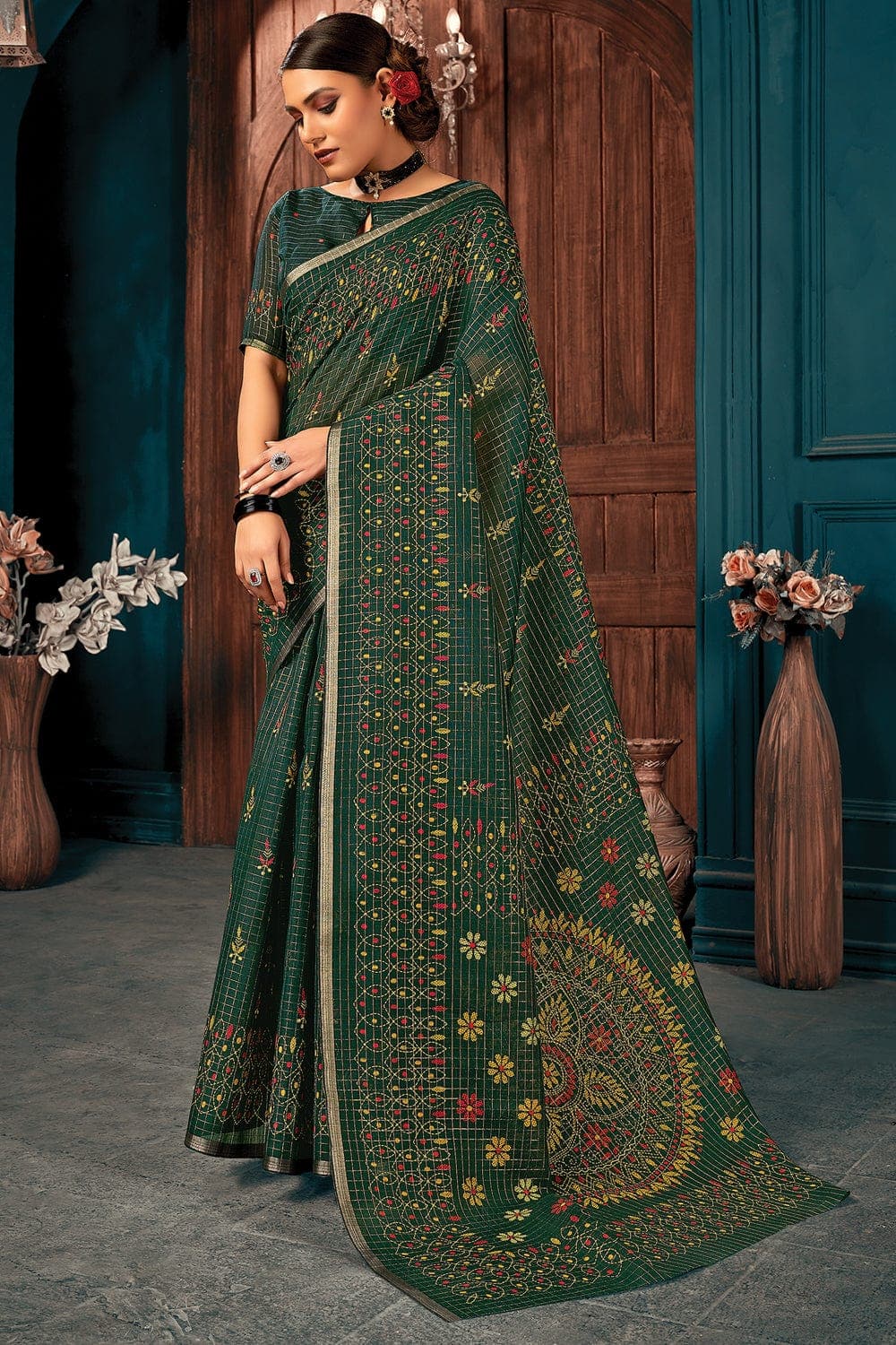 Dark green color cotton fabric classic saree for reception - Monjolika -  4170579