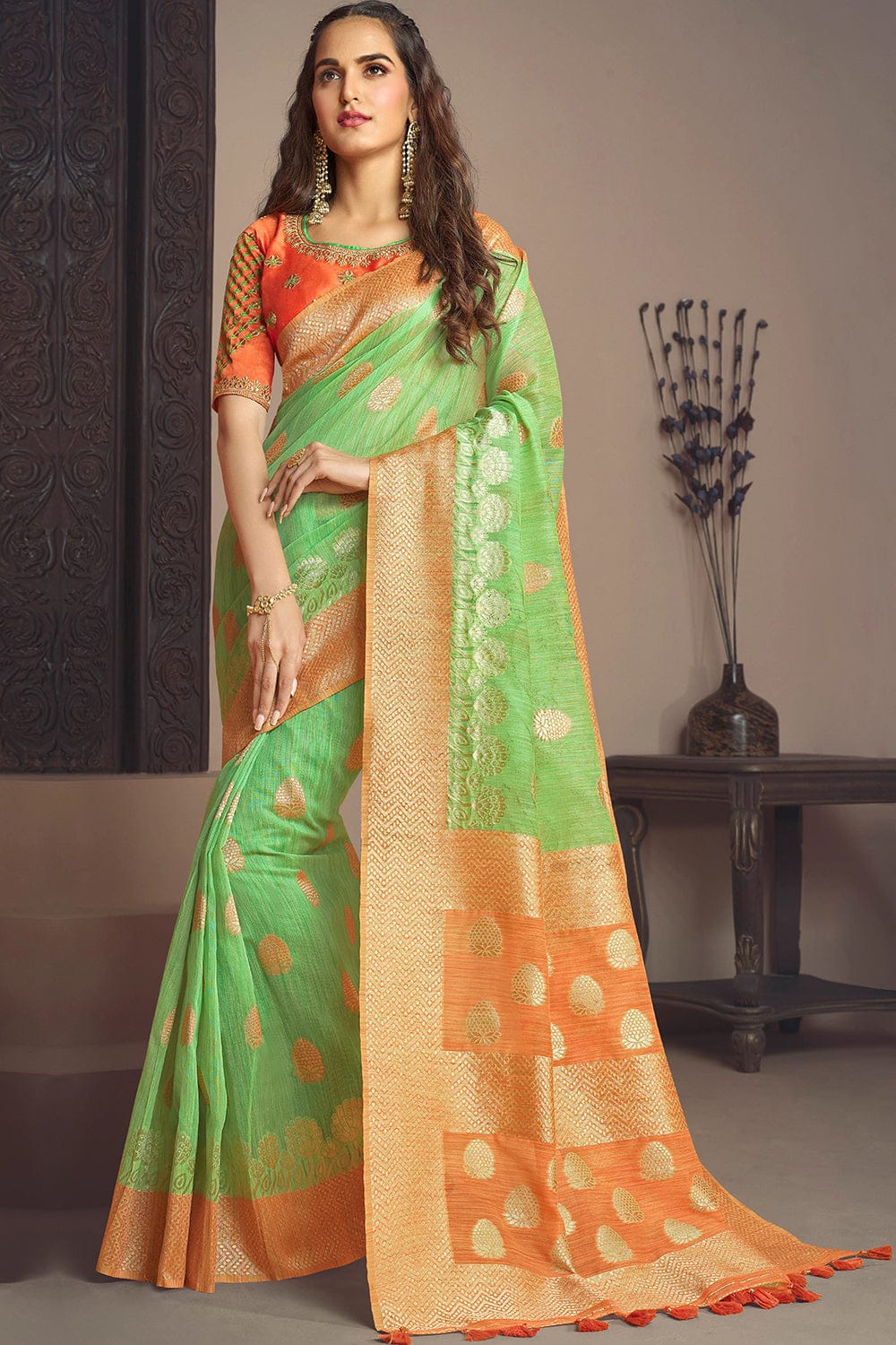 green cotton saree