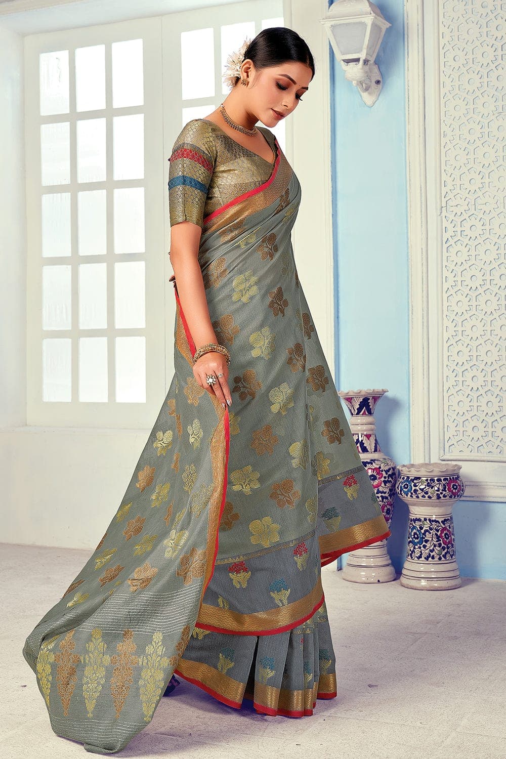 Buy Grey Weaving Cotton Saree Online