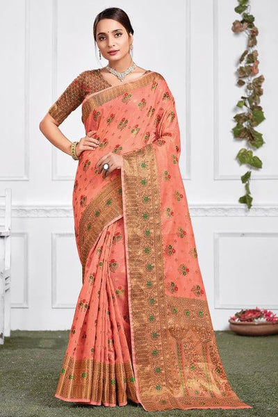 Buy Peach Cotton Chanderi Saree With Zari Floral Motifs And Unstitched  Blouse Piece