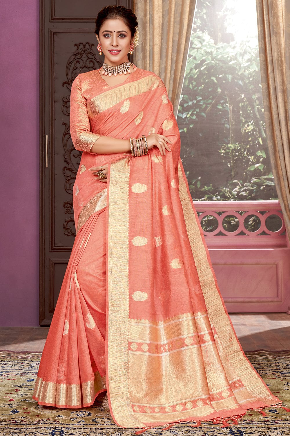 Silk cotton saree peach pink and pastel maroon shade with plain body a –  Cherrypick