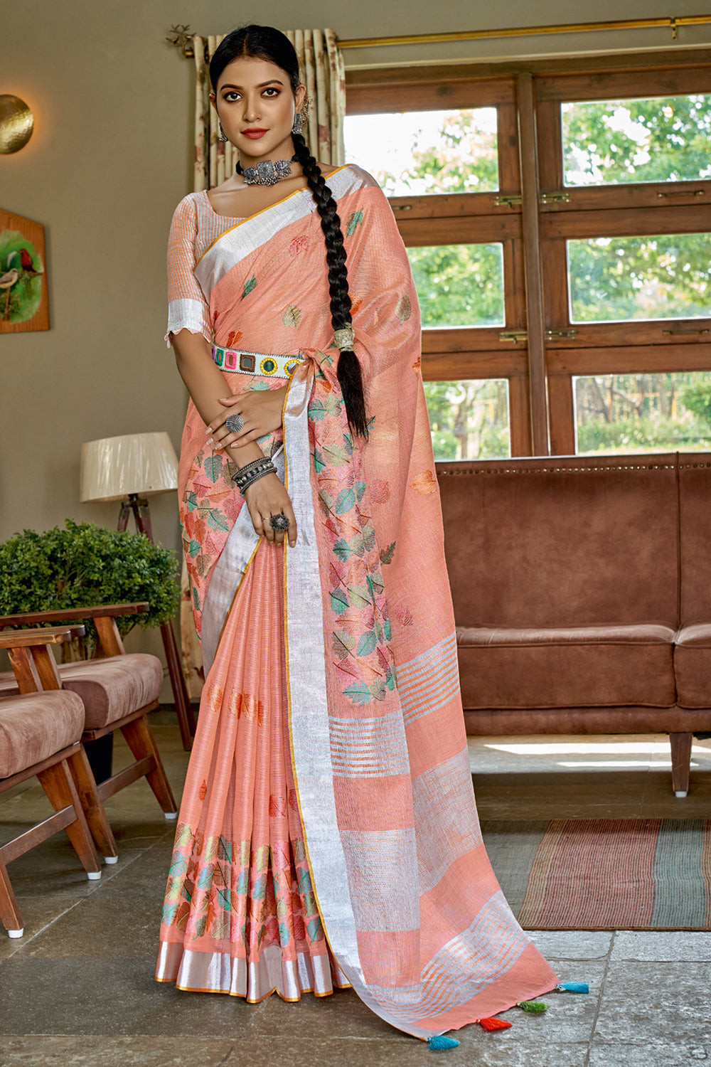 Bengal soft cotton saree peach pink and blue with geometric weaves and –  Cherrypick