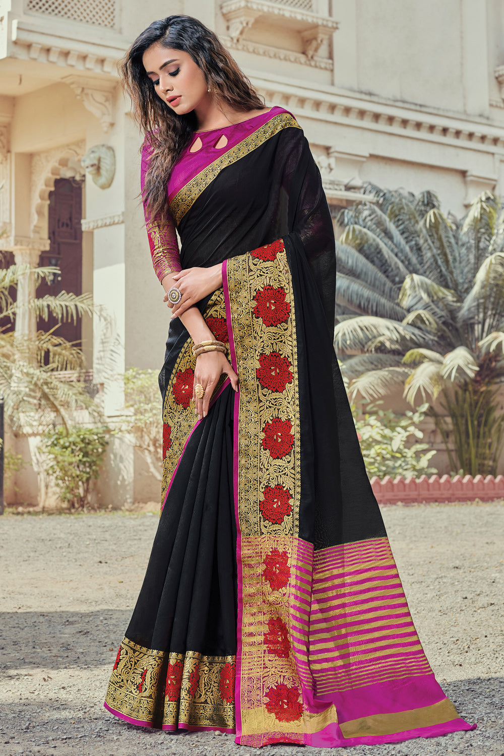 Buy Tech Twins Applique Mekhela Chador Cotton Blend Black Sarees Online @  Best Price In India | Flipkart.com