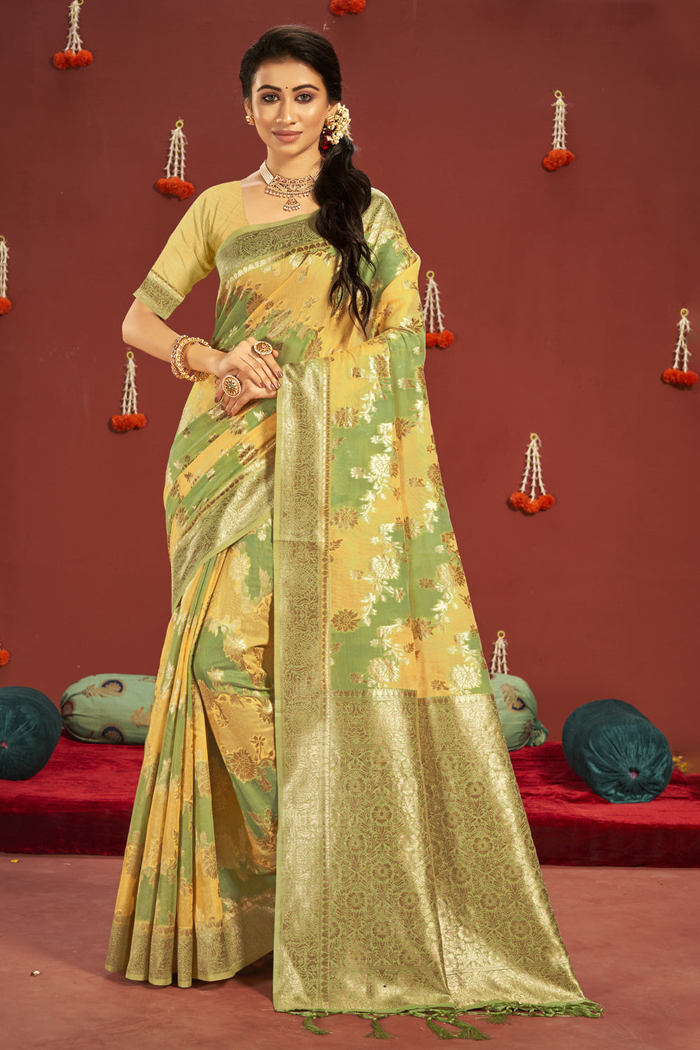 yellow green cotton saree