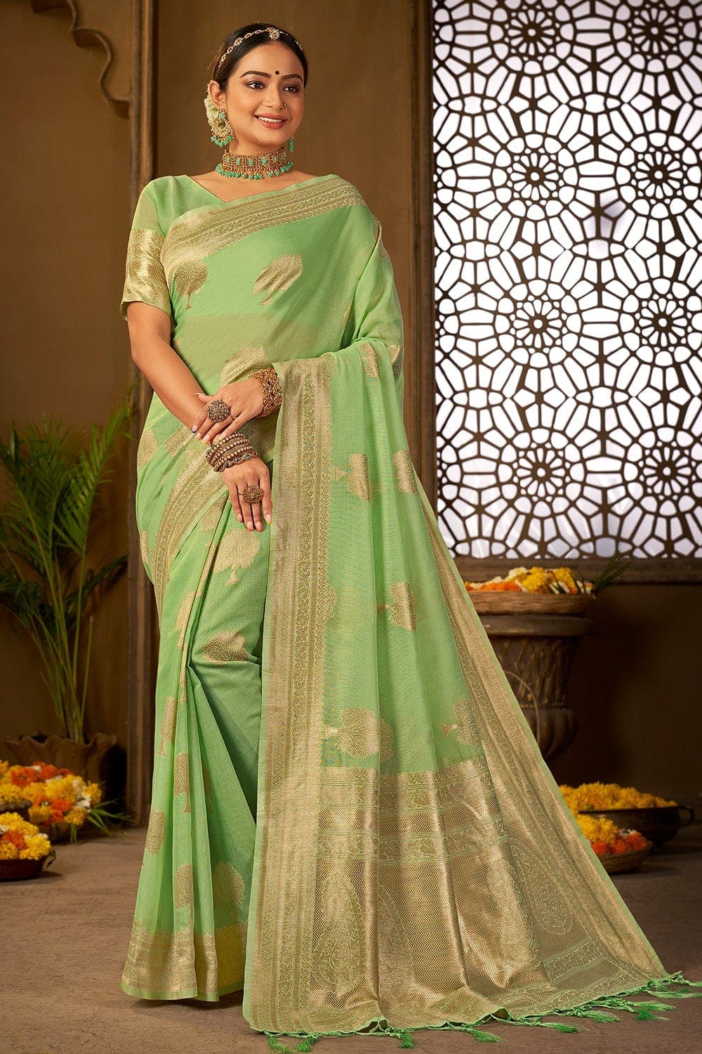 beatiful handwoven cotton silk p.green saree – Miran Handloom