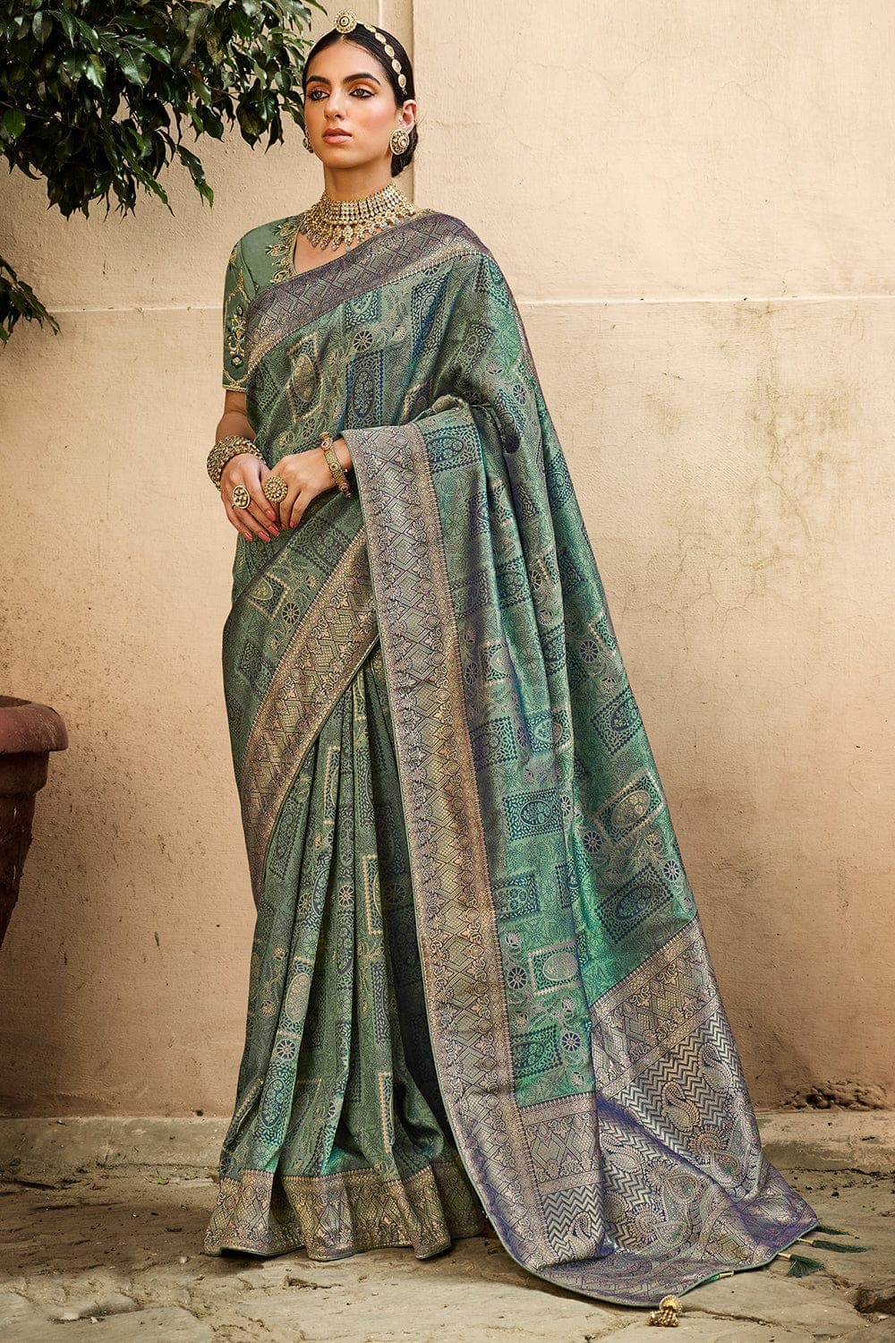 Designer Banarasi Saree Clover Green Designer Banarasi Saree saree online