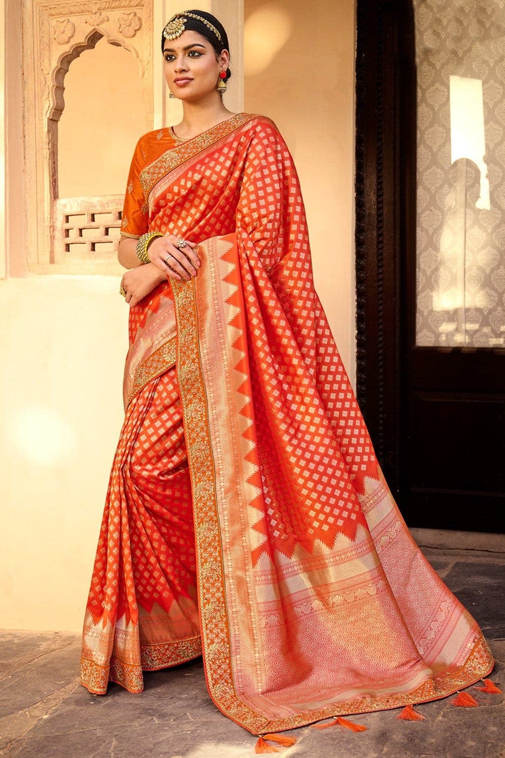 Sunset Orange Woven Exclusive Designer Banarasi Silk Saree With Embroi –  zarikaariindia.com