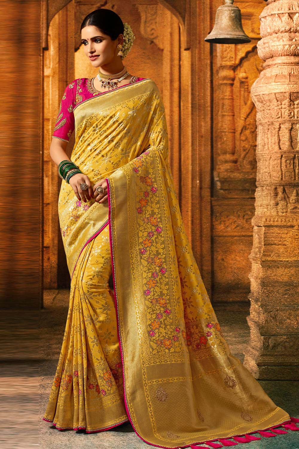 Alphonso yellow and rose red Banarasi saree – Sarees By Muhurat