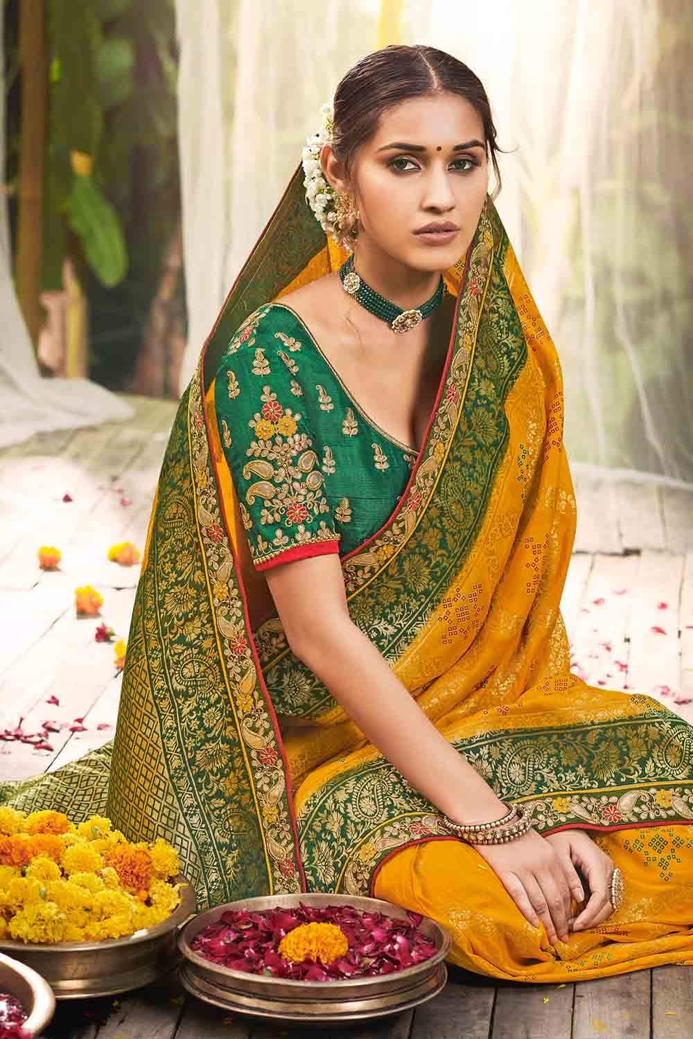 Buy Saree Mall Mustard Yellow & Green Solid Saree Online at Best Price |  Distacart