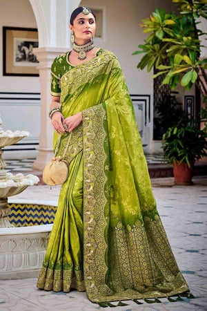 Parrot green semi dupion banarasi silk with motif all over , with double  side pink border, rich pallu and plain pink… | Pure silk sarees, Indian  sarees, Silk sarees