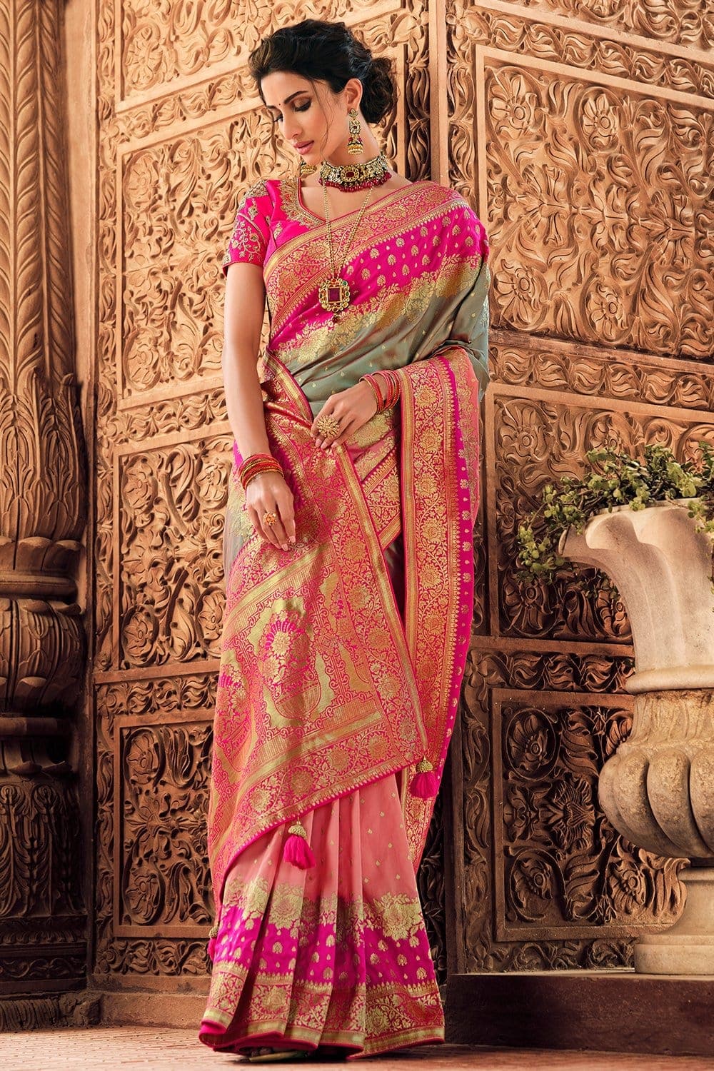 Turmeric Green and Pink Banarasi Saree with Kachhi,Mirror and Diamond –  MySilkLove