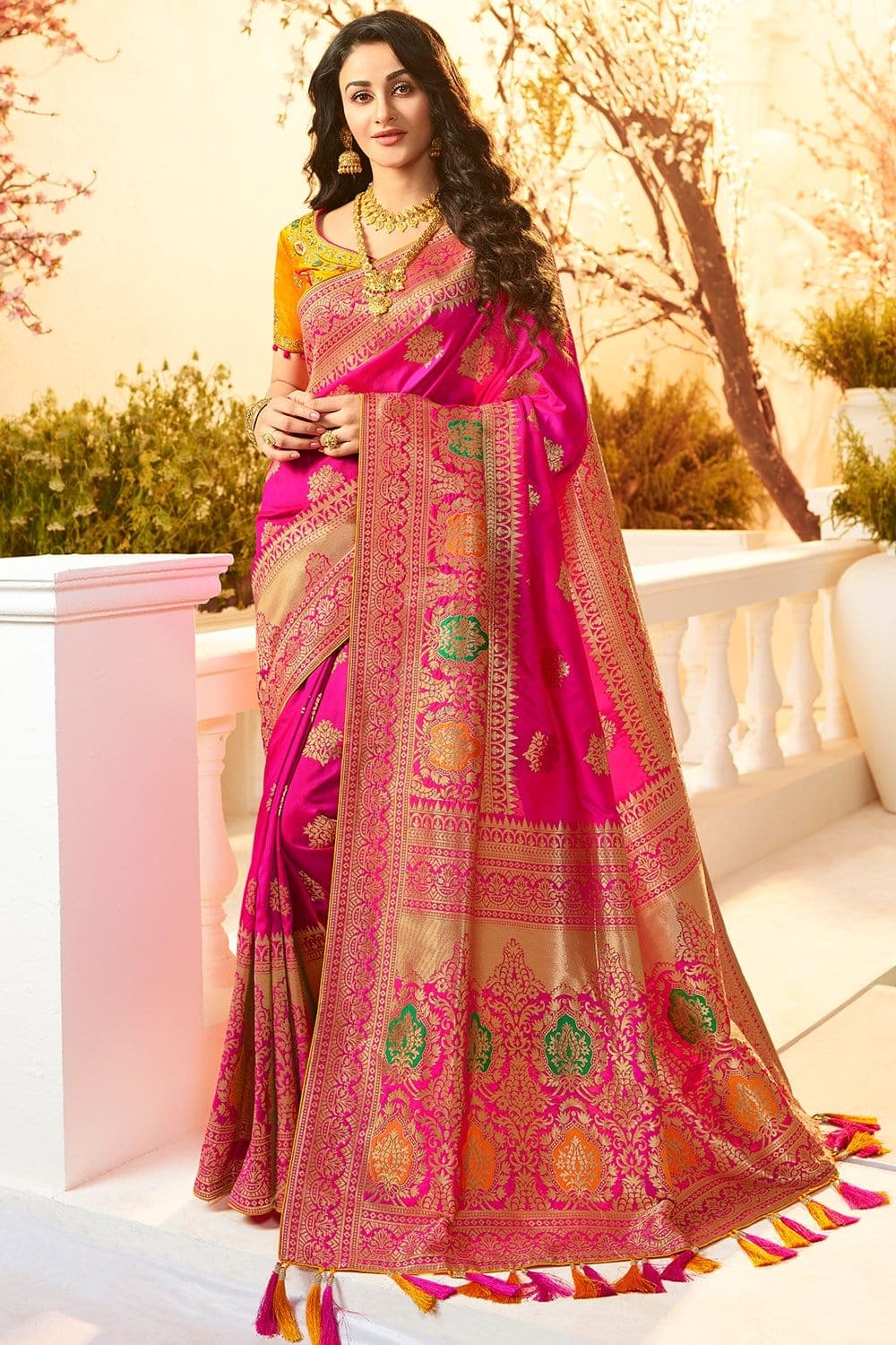 Buy Cherry Pink Saree In Pure Banarasi Silk With An Orange Luminous Shade  And Upada Zari Weave Floral Butti Work