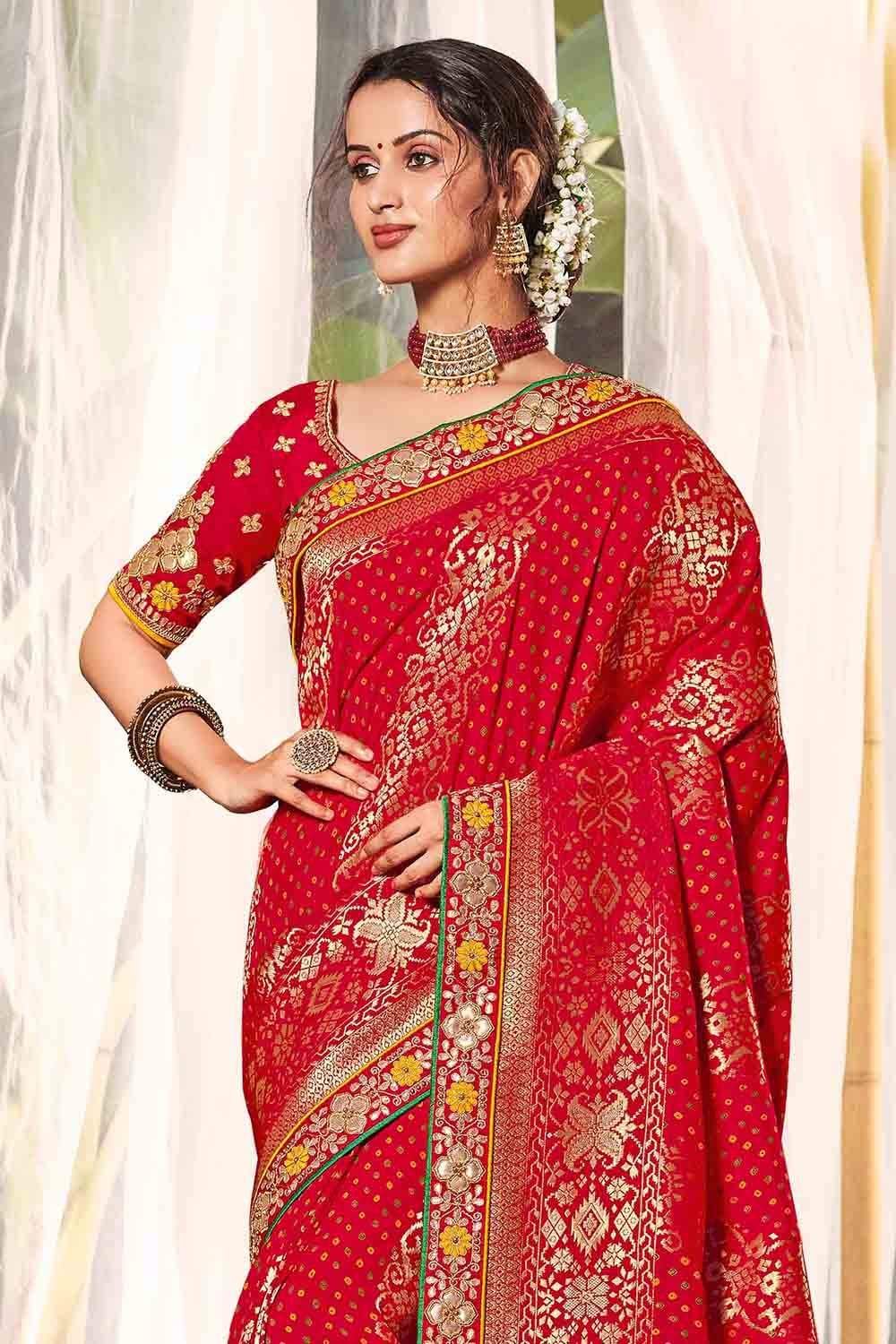Red saree in pure satin silk with pure dabka handwork – Malhotra's Indian  Heritage