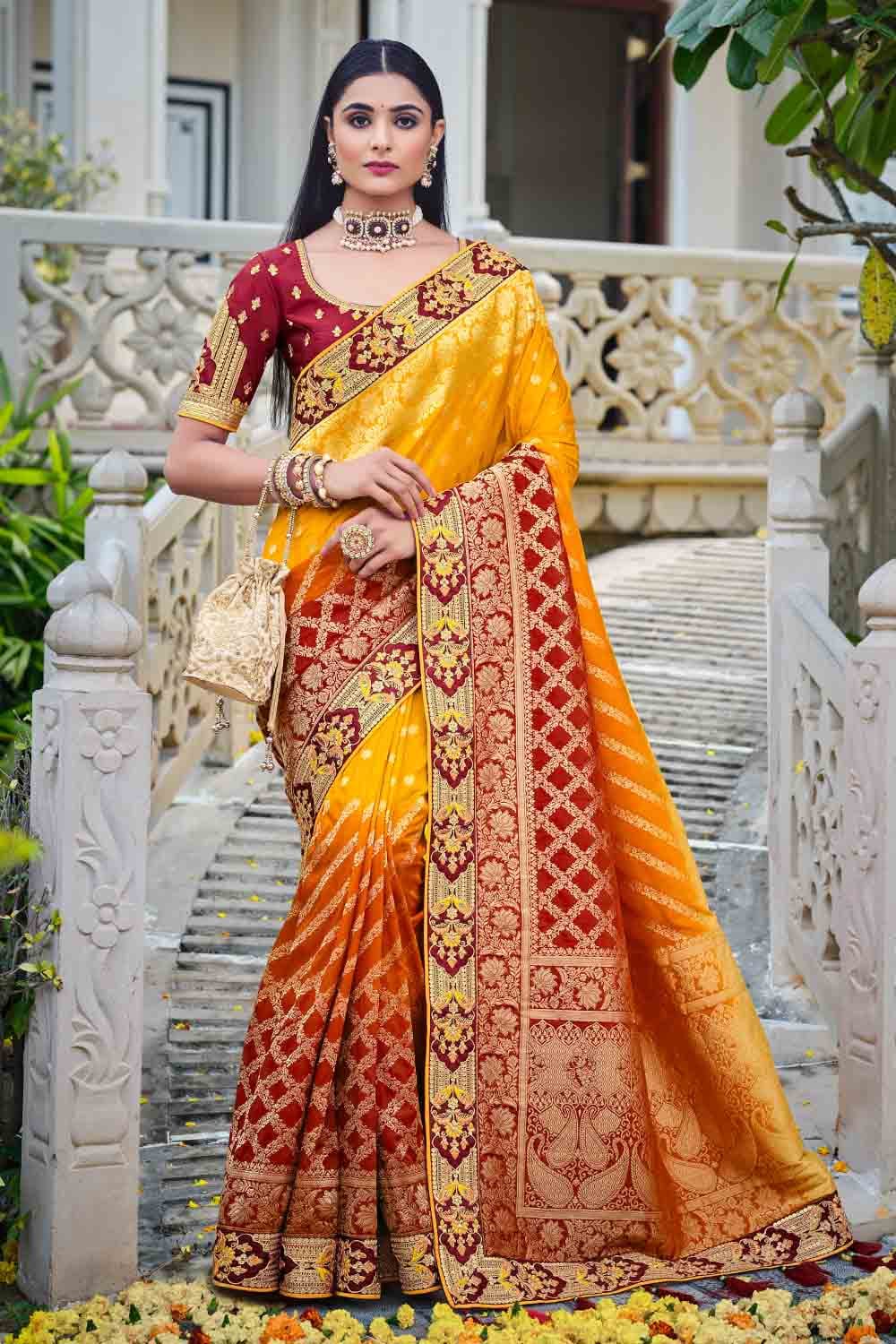 Peach Katan silk tissue handloom Banarasi saree with mini flower booti –  Weaver Street