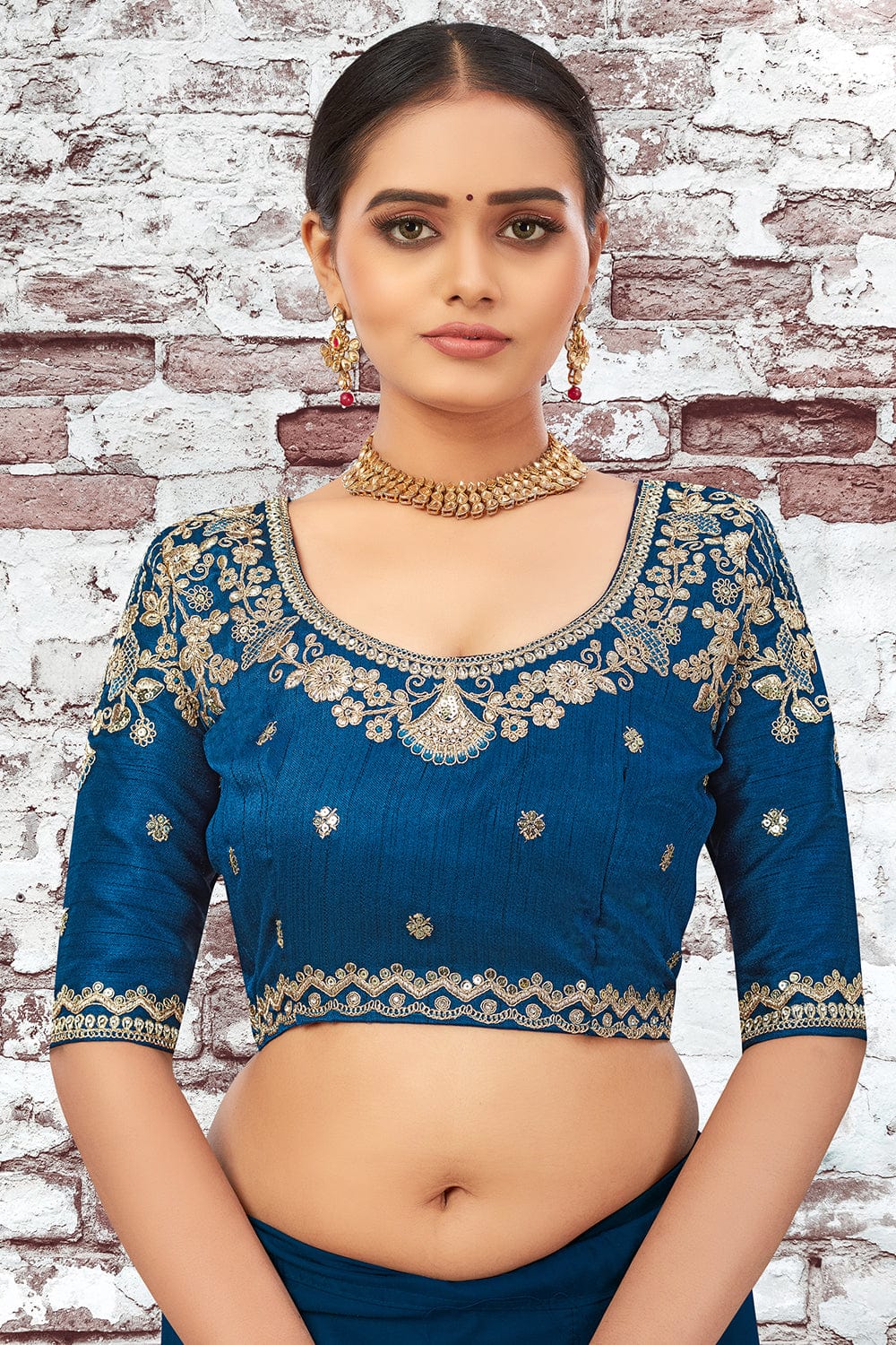 Dazzling Khadi Organza Navy Blue Sequenced Saree Blouse Design – Kaleendi