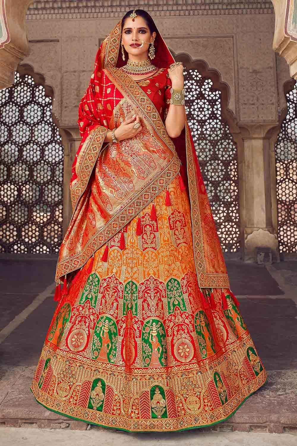Gleaming fully embroidered designer lehenga with golden choli and contrast  orange dupatta - Zikimo.com - Original Indian Bridal Lehengas Collection
