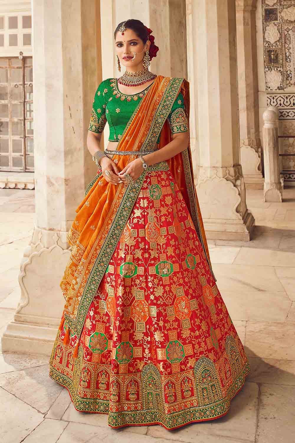 Orange embroidered silk semi stitched lehenga with dupatta - Kajal Fashion  - 2119976 | Half saree, Half saree designs, Half saree lehenga