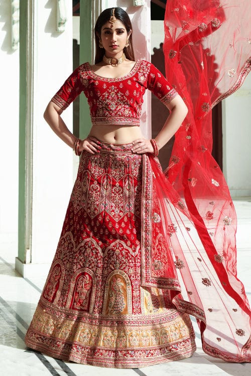 red designer lehenga