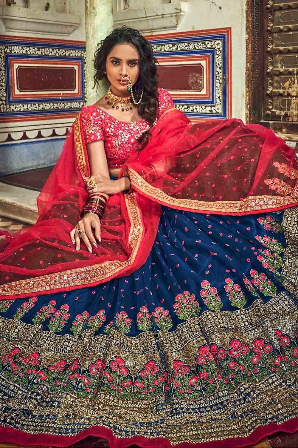 Shop Navy Blue Embroidered A Line Lehenga Party Wear Online at Best Price |  Cbazaar