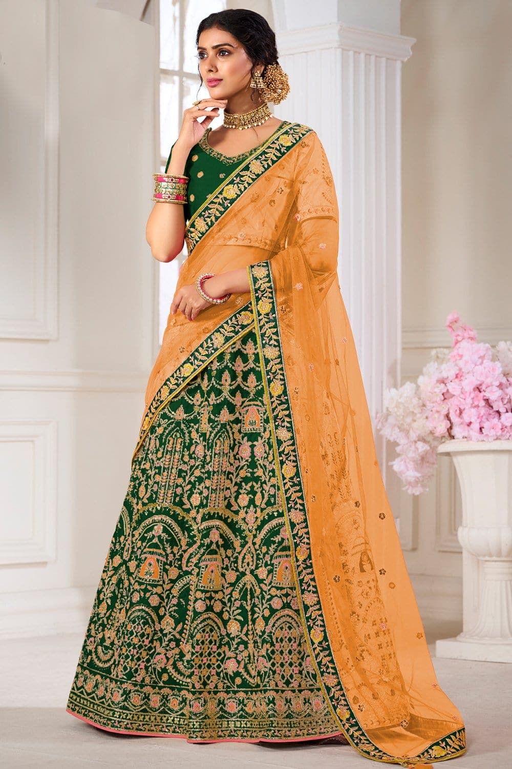 Buy Indian Lehengas - Green Multi Sequence Embroidered Traditional Lehenga  Choli At Hatkay