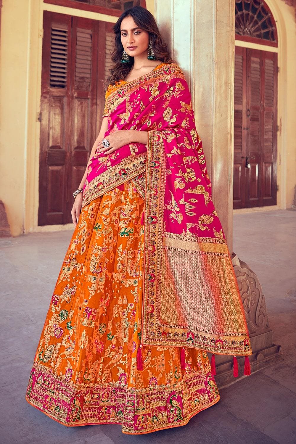 Orange Color Traditional Looking Pure Paithani Designer Lehenga