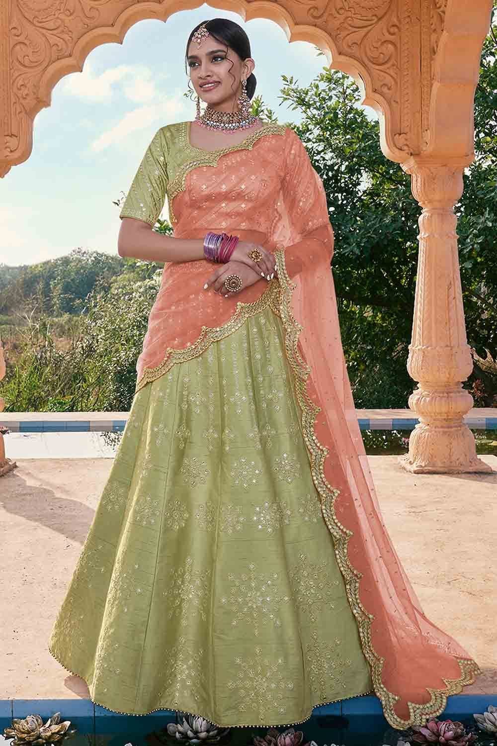 Buy Women Light Green Zari Boota Lehenga Set With Embroidered Blouse And  Dupatta - Clothing - Indya