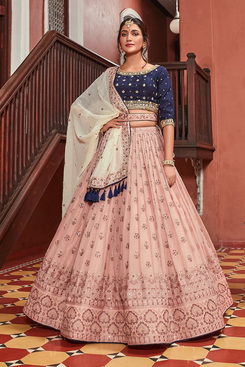 Peach Classy Designer wedding and Reception Lehenga with Full sleeves  blouse and Embellishment -