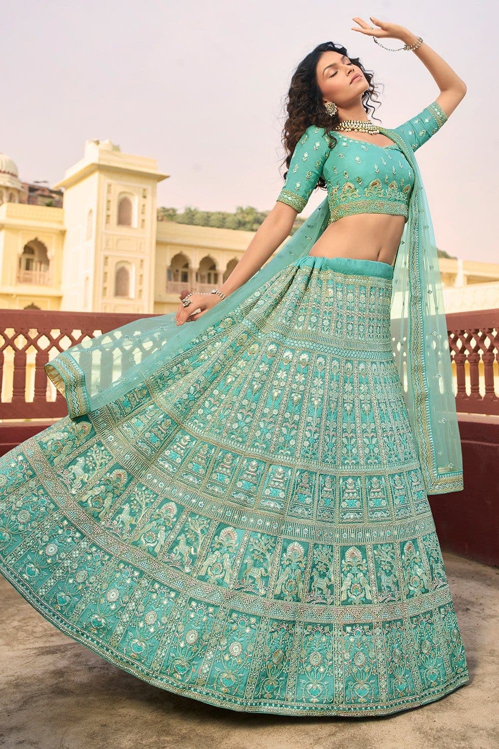Designer Light Blue Lehenga Gown for Indian Bridal Wear – Nameera by Farooq