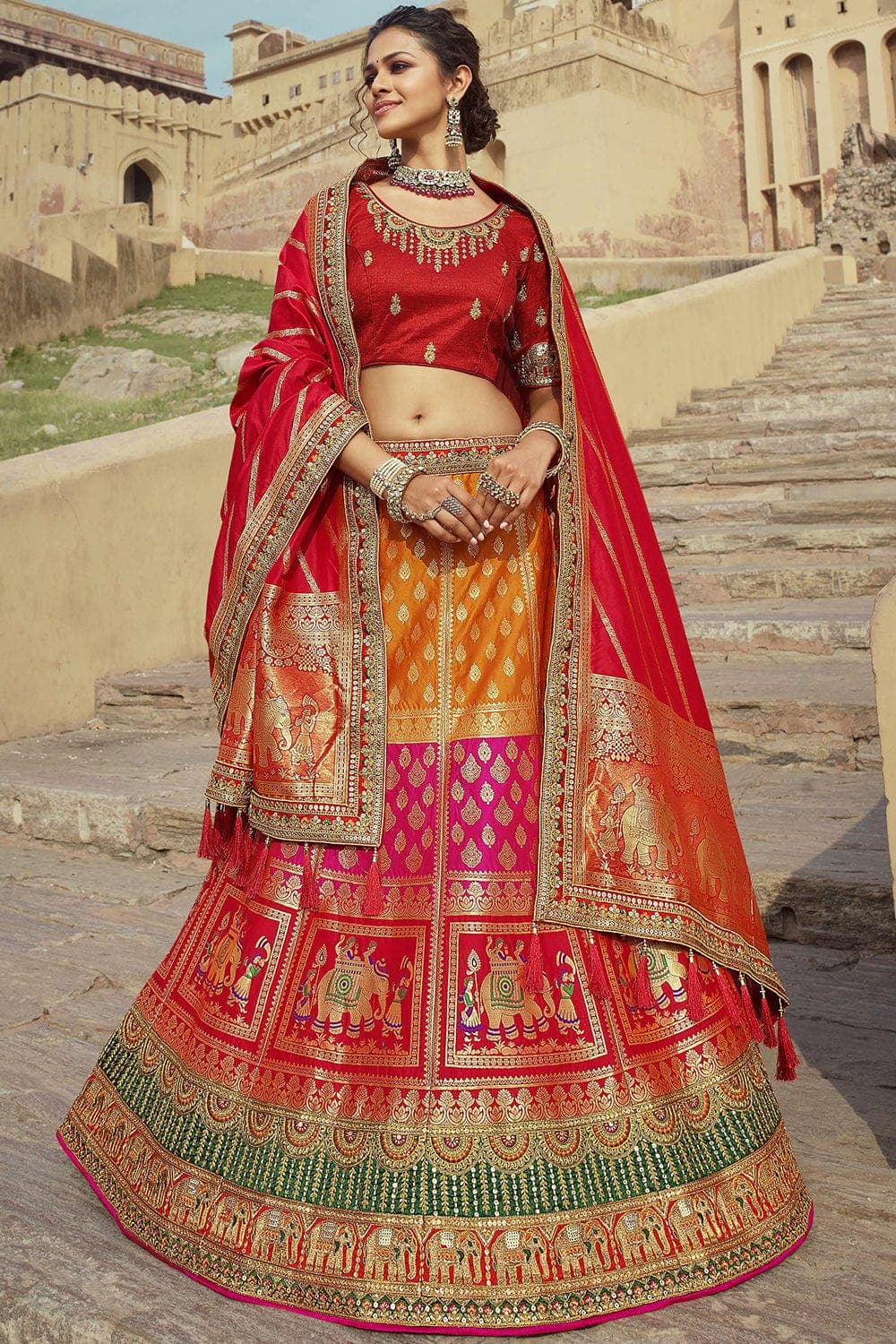 Designer Lehenga Vivid Red Designer Lehenga saree online