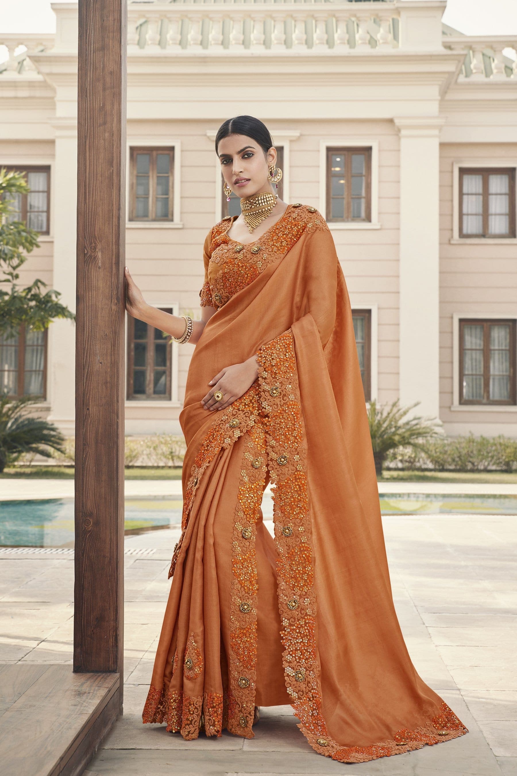 Buy Dark Orange Georgette Embroidered Saree Party Wear Online at Best Price  | Cbazaar