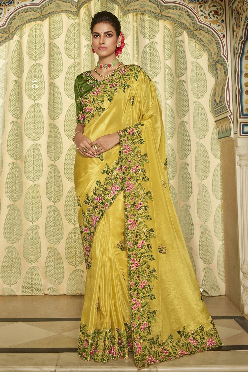 Spectacular Resham Yellow Designer Saree
