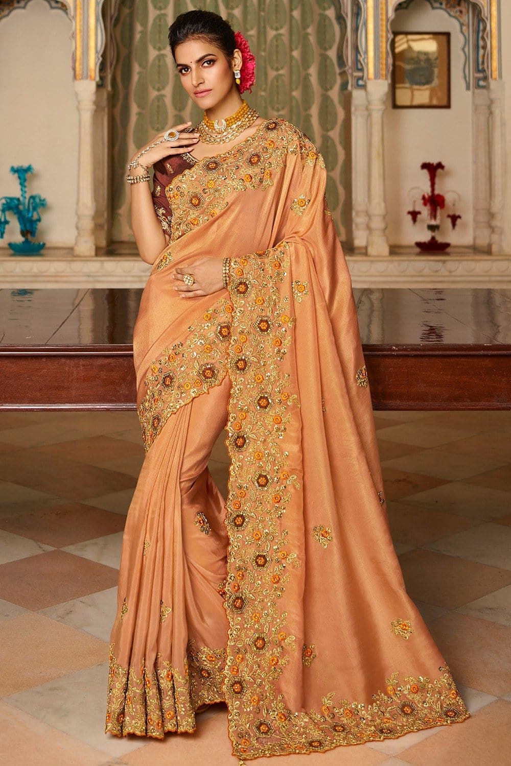 Peach georgette saree with blouse 6209