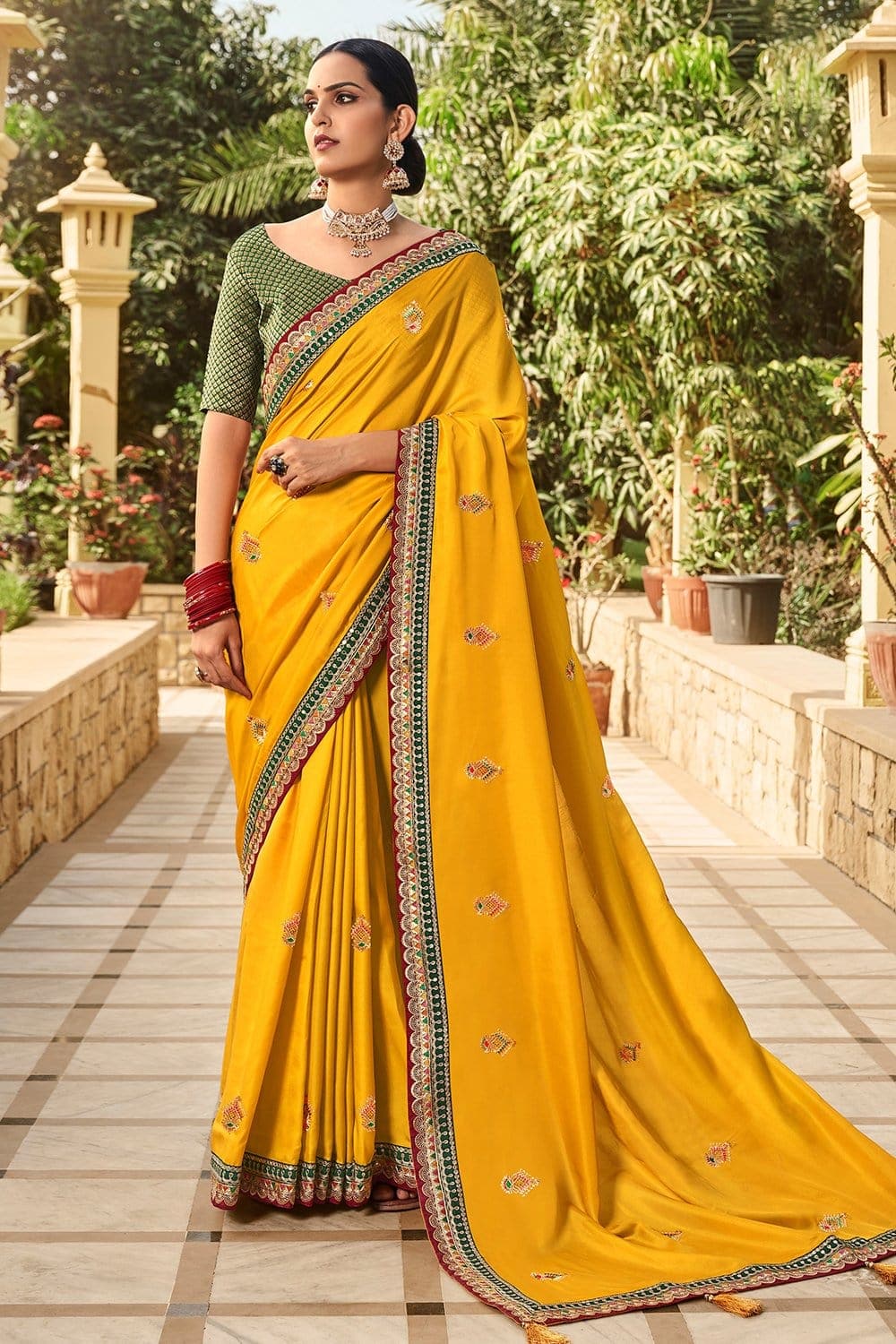 Buy Party Wear Yellow Vichitra Silk Zari Work Fancy Saree Online