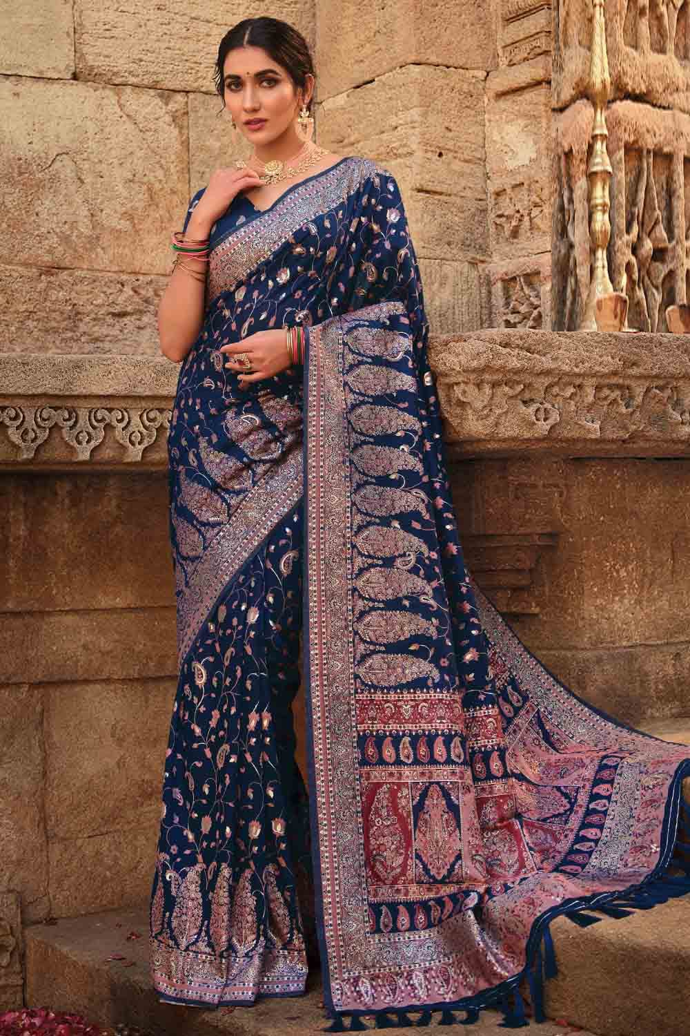 Buy Navy Blue Swarovski Semi Crepe Designer Saree - Koskii