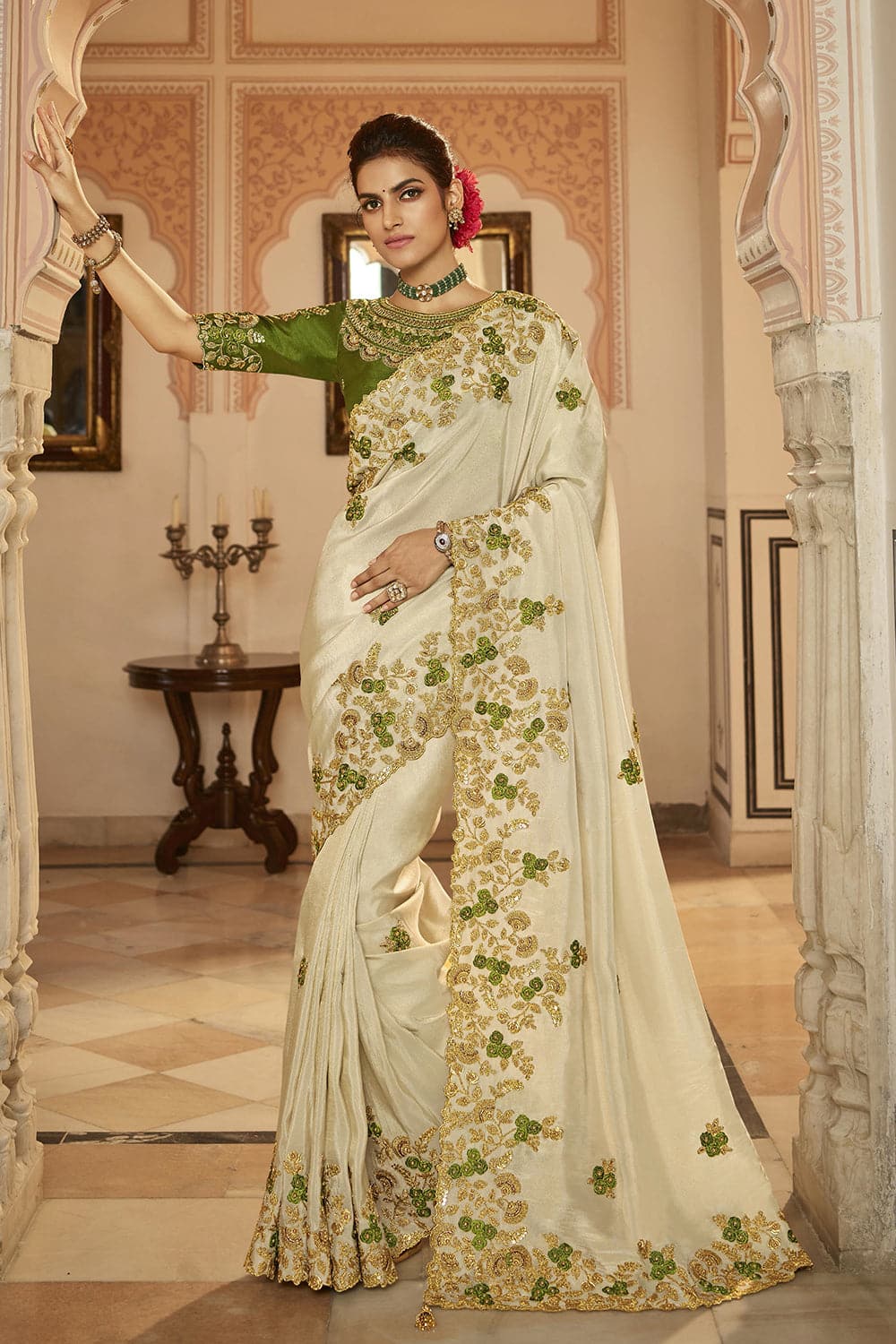 Sonam Kapoor White Party Wear Saree Net Designer Saree with White Bead –  Lady India