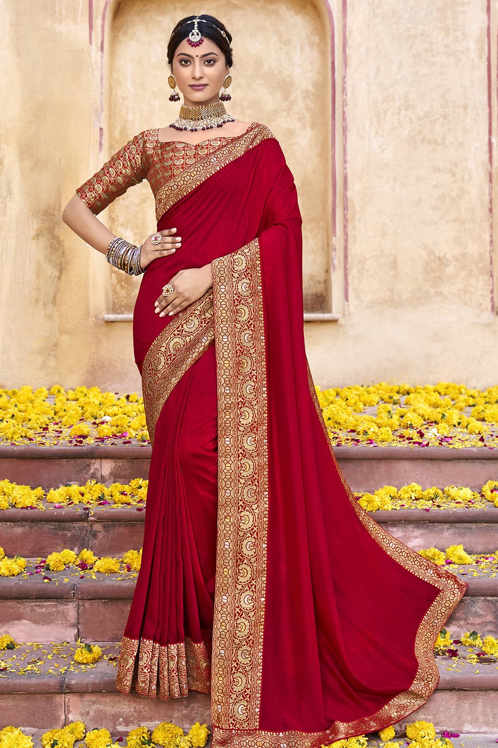 Red Faux Georgette Embroidered Bridal Saree 1216 | Wedding saree indian, Saree  designs, Saree collection