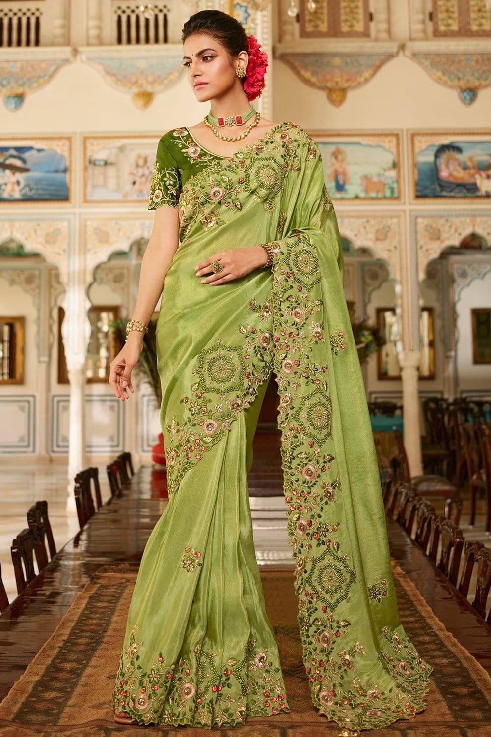 Elora Green Woven Saree With Unstitched Blouse