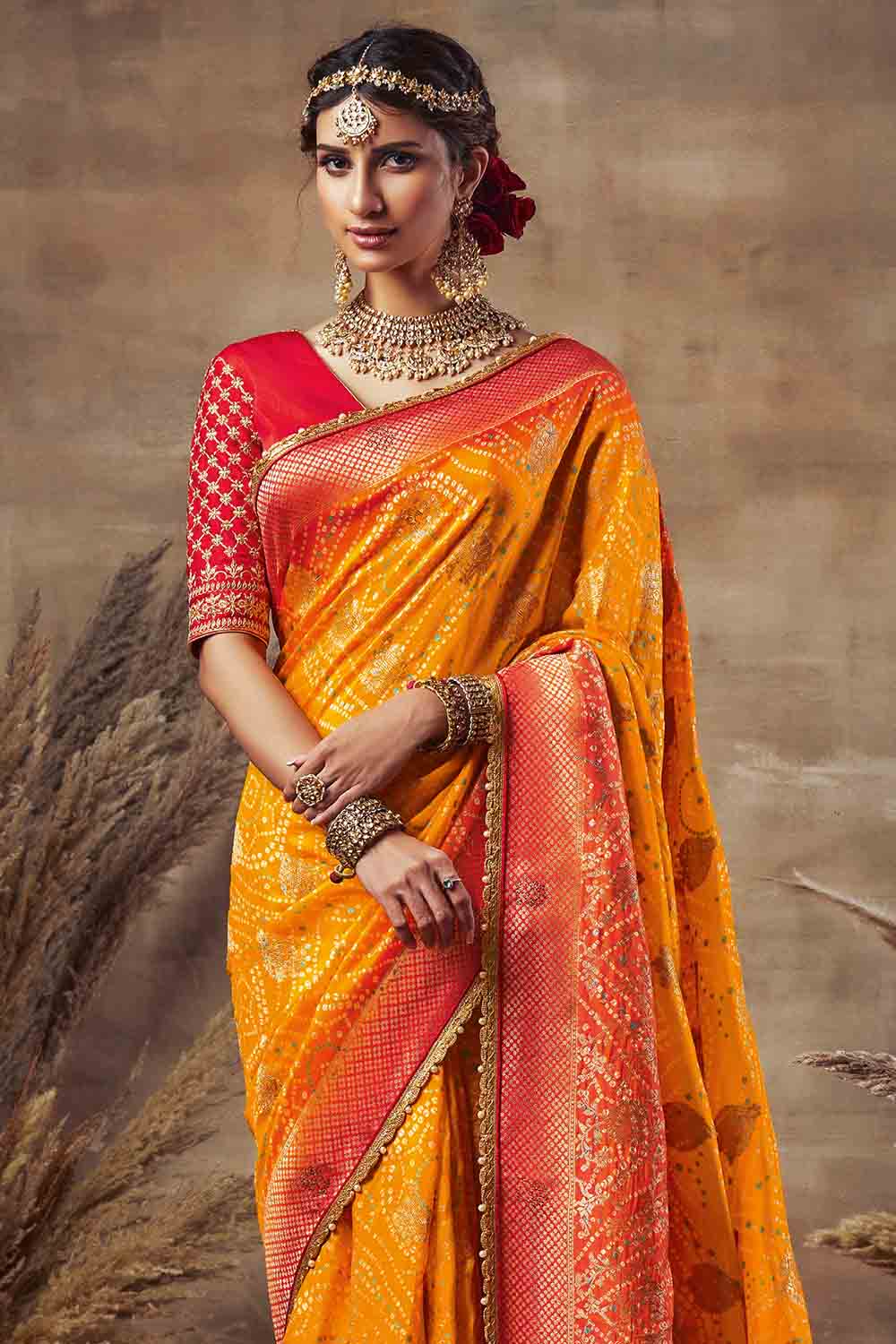 Designer Saree Tangerine Orange Designer Saree With Bandhani Prints saree online