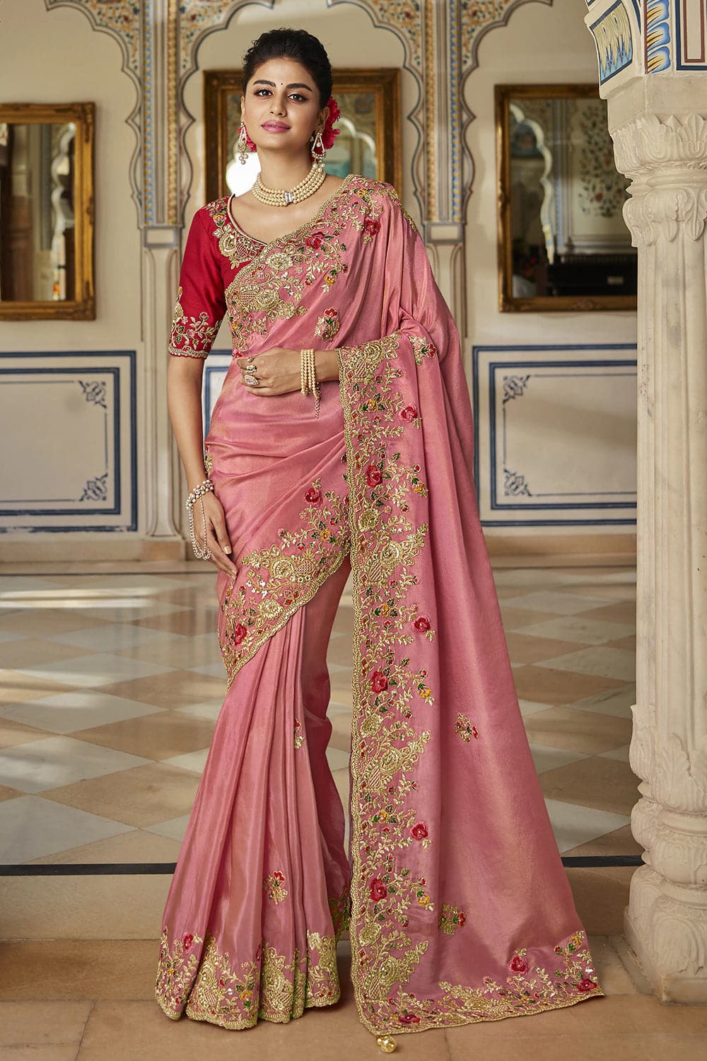 Champagne Pink Designer Embroidered Silk Wedding Saree | Saira's Boutique