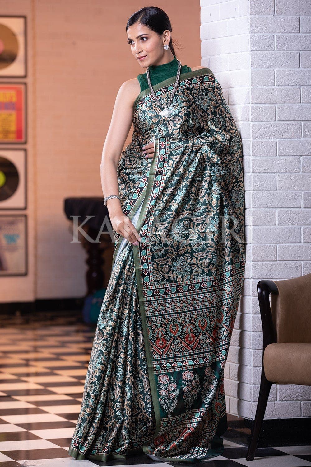 Exclusive modal silk hand block printed black Ajrakh saree – Sujatra