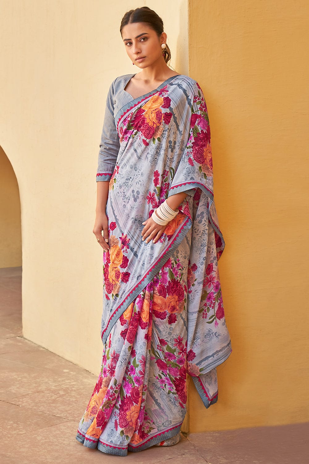 grey digital print saree