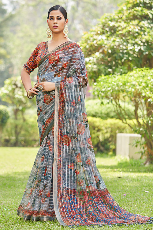 grey digital print saree