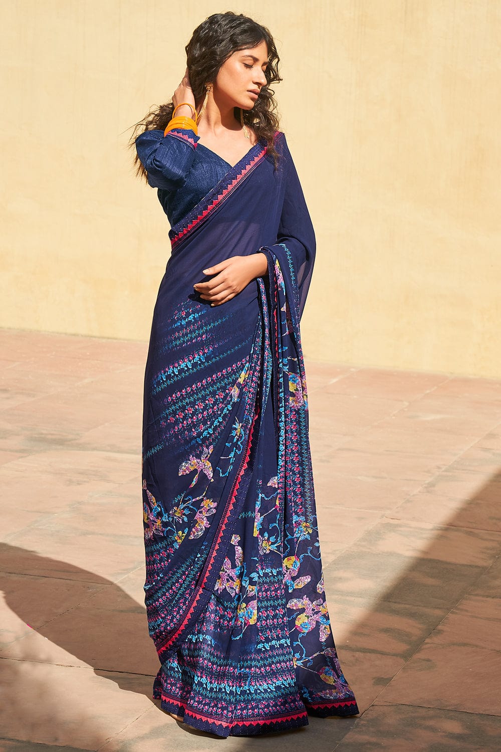 blue digital print saree