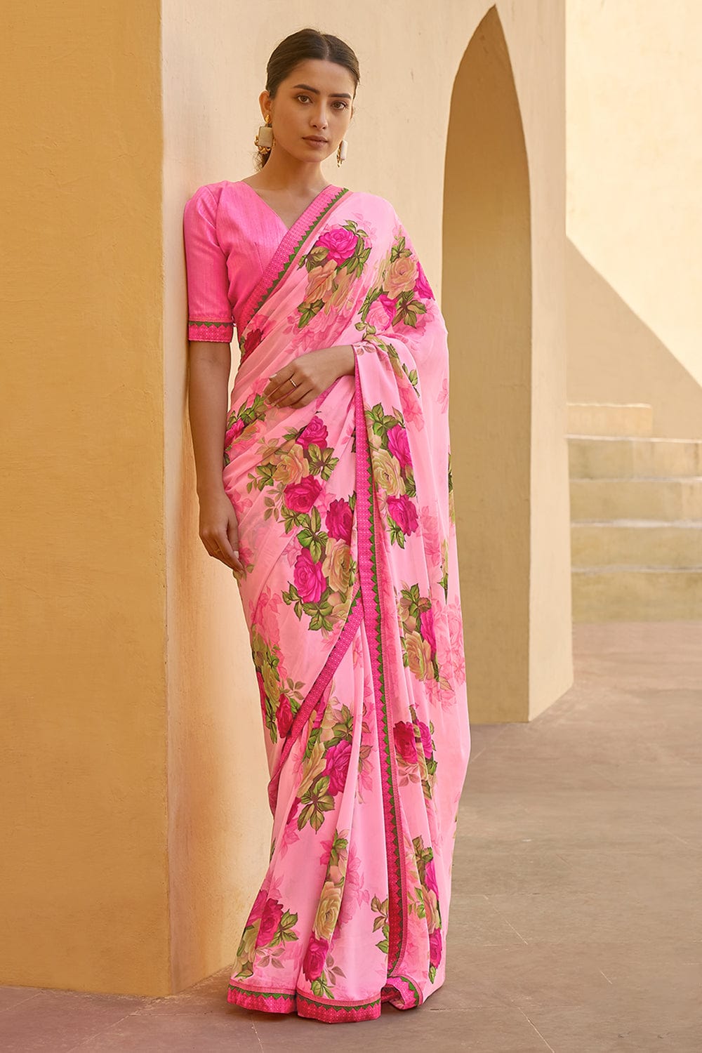 pink digital print saree