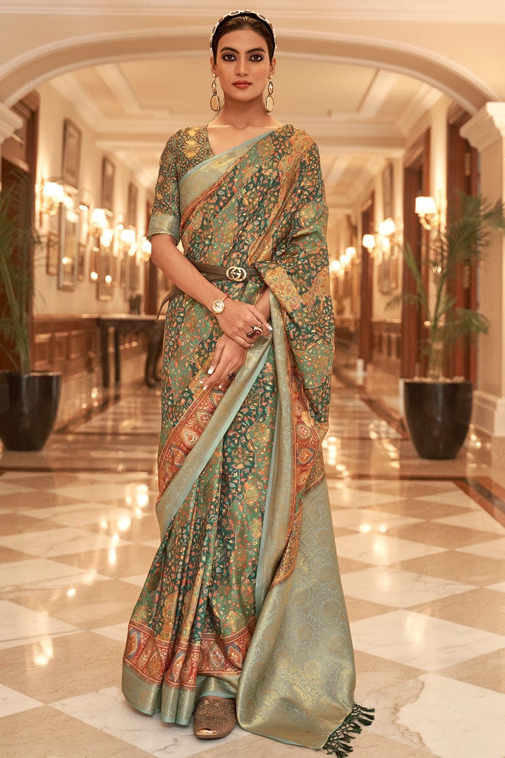 Green Chiffon Printed Saree | BELLEAZA-56010 | Cilory.com