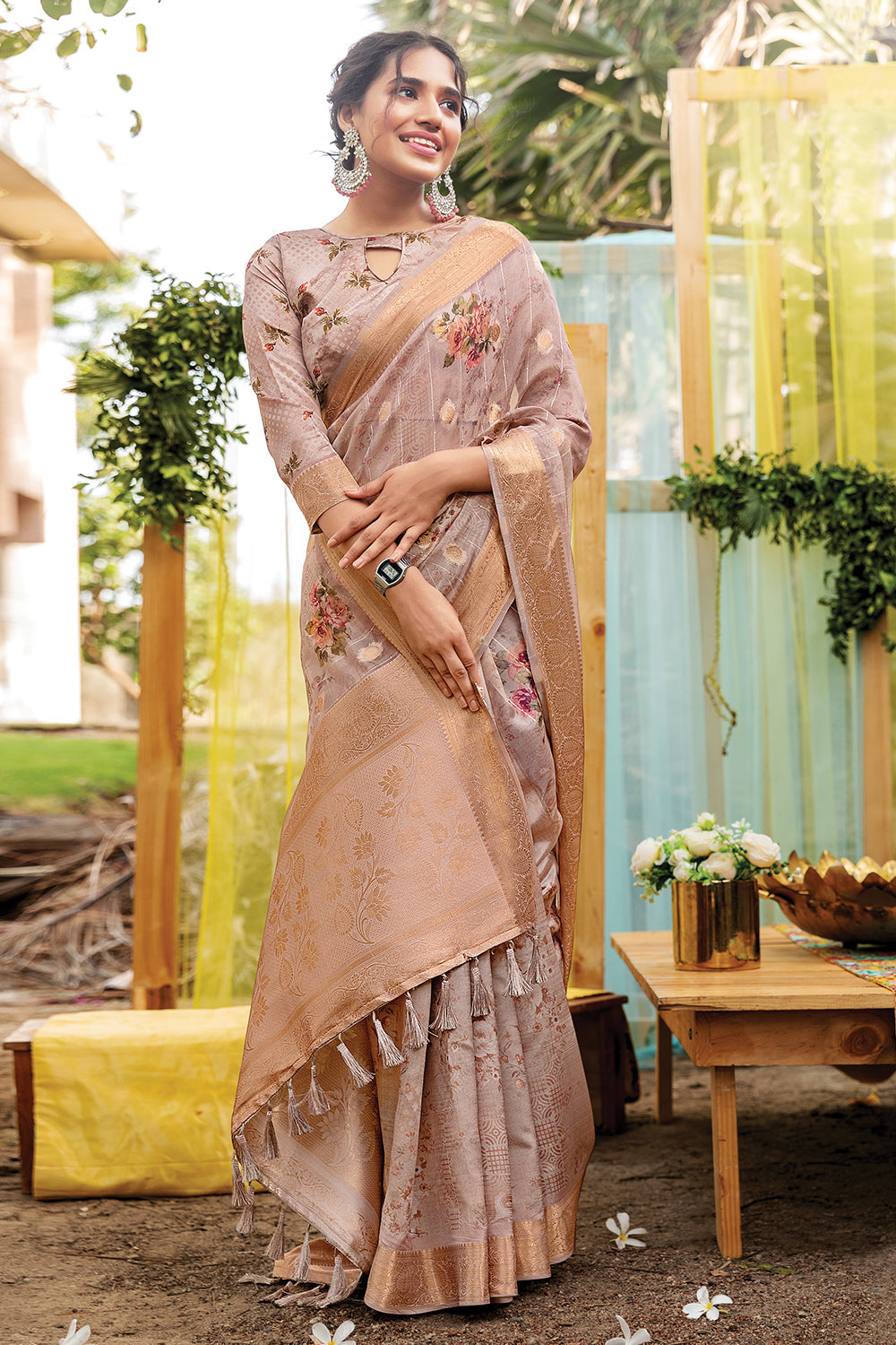 brown digital print saree