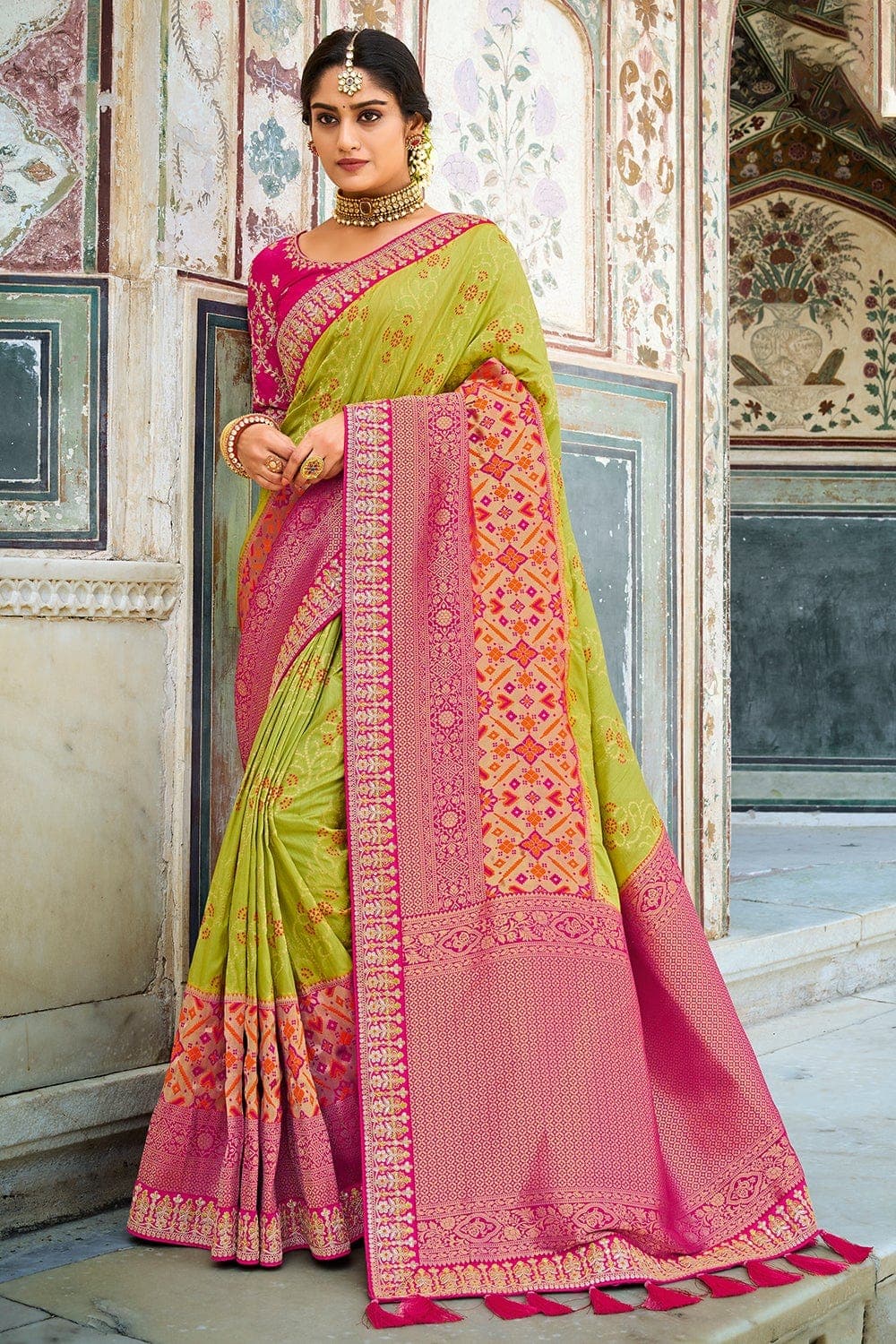 Mint Green & Pink Woven Banarasi Silk Saree - Urban Womania